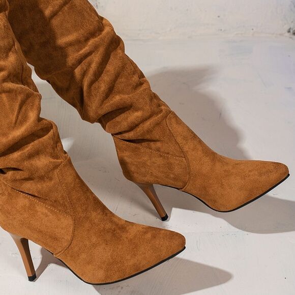 Chic & Sexy Faux Suede Mid-Calf Stiletto Boots | Pointed Toe - Picture 4 of 6